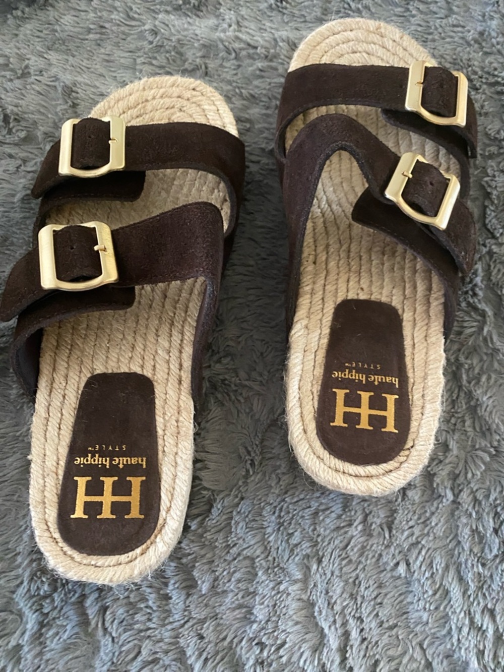 Haute Hippie Dark Brown Suede Double-Buckle Espadrille Slides